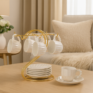 Turkish Coffee Cup Set with Gold Holder – 6 Porcelain Cups and Saucers with Pearl Handles, Elegant Display Stand – Espresso Cups Standard Turkish Coffee Size