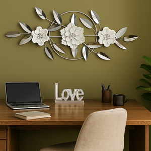 51" INCH Wall Décor Large Silver Metal Floral Wall Art with Tints of Silver Mirrors and White Flowers