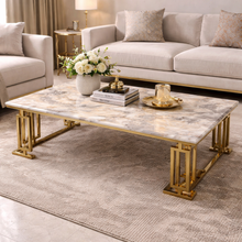 Luxury White Marble Coffee Table with Gold Base | Modern Rectangular Stainless-Steel Design