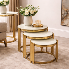 Set of 3 Marble-Look Nesting Tables with Glass Tops | Luxury Gold Stainless-Steel Design