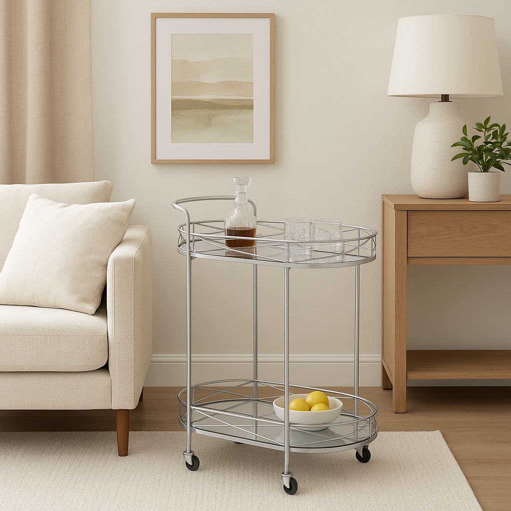 Cart Tray Modern Rolling 2-tier Cart in SILVER with Mirrors Two Shelf Lockable Wheels with Handle
