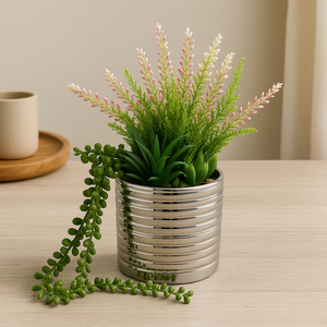 12" Artificial Plant in Silver Ceramic Pot | Succulent and Floral Mix with String of Pearls in Silver Pot – Modern Faux Plant for Home and Office Decor