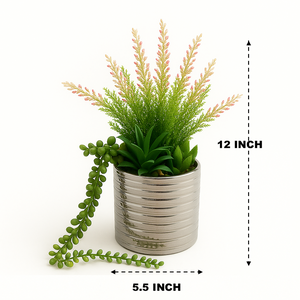 12" Artificial Plant in Silver Ceramic Pot | Succulent and Floral Mix with String of Pearls in Silver Pot – Modern Faux Plant for Home and Office Decor