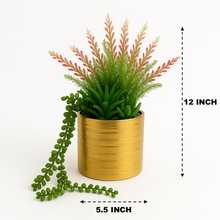 12" Artificial Plant in Gold Ceramic Pot | Succulent and Floral Mix with String of Pearls in Gold Pot – Modern Faux Plant for Home and Office Decor