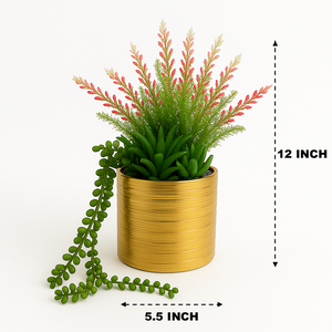 12" Artificial Plant in Gold Ceramic Pot | Succulent and Floral Mix with String of Pearls in Gold Pot – Modern Faux Plant for Home and Office Decor