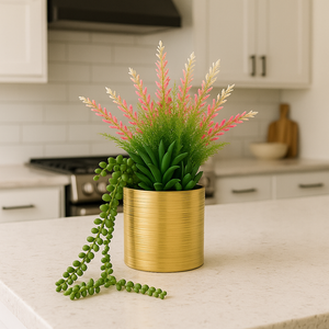12" Artificial Plant in Gold Ceramic Pot | Succulent and Floral Mix with String of Pearls in Gold Pot – Modern Faux Plant for Home and Office Decor