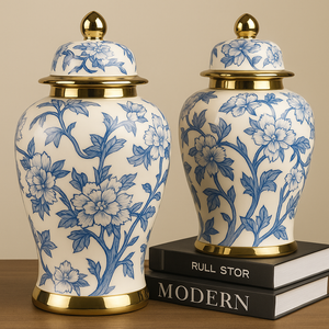 Ginger Jar Medium with Lid in White, Gold and Blue Ceramic Marble Look Ginger Jar for Living Room or Kitchen Decoration (ONE PIECE INCLUDED)