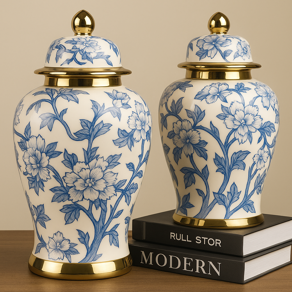 Ginger Jar Medium with Lid in White, Gold and Blue Ceramic Marble Look Ginger Jar for Living Room or Kitchen Decoration (ONE PIECE INCLUDED)