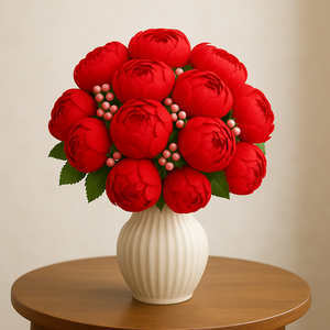 Artificial Peonies Flower Bunch 13 Small Peony Heads Flower Bouquet Silk Floral Bunch in RED with Light Pink Fillers Greeneries for Home Decor, Office, Bedroom, Living Room Flowers for Vases