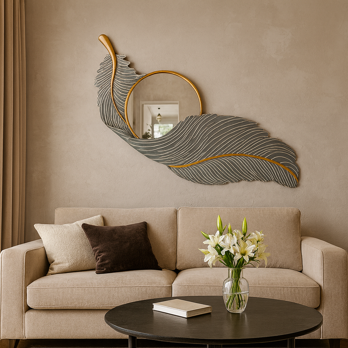 Modern Metal Feather Wall Art with Mirror – 46