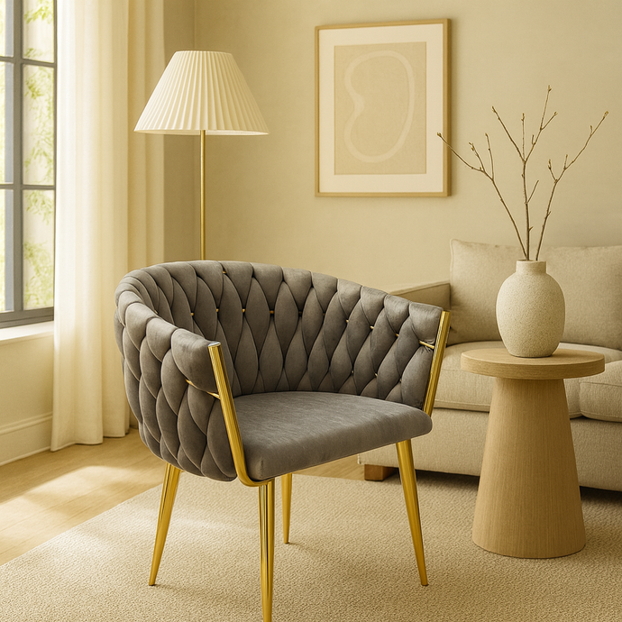 Velvet GREY Accent Chair with Tufted Shell Design and Gold Metal Frame – Modern Curved Back Lounge Chair for Living Room, Bedroom, or Office – Elegant Grey Upholstery