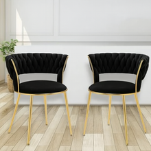 Velvet BLACK Accent Chair with Tufted Curved Design and Gold Metal Frame – Modern Curved Back Lounge Chair for Living Room, Bedroom, Dining or Office – Elegant BLACK Upholstery