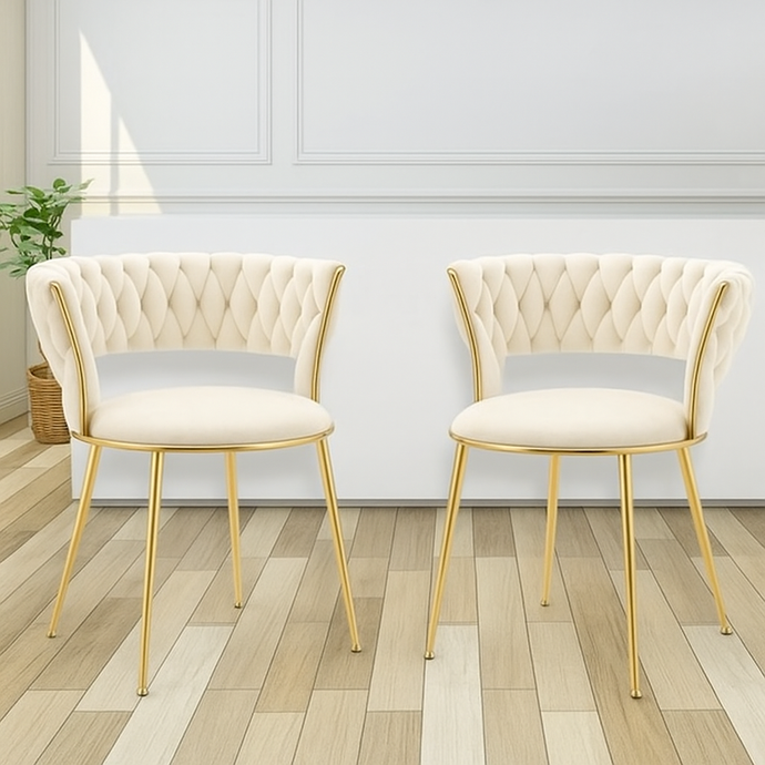 Velvet OFF-WHITE Accent Chair with Tufted Curved Design and Gold Metal Frame – Modern Curved Back Lounge Chair for Living Room, Bedroom, Dining or Office – Elegant OFF-WHITE Upholstery