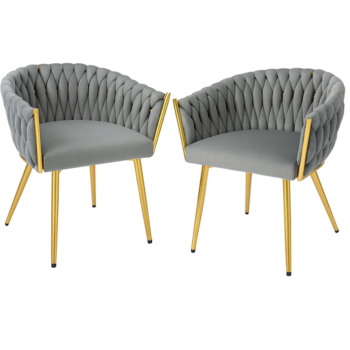 Velvet GREY Accent Chair with Curved Design and Gold Metal Frame – Modern Curved Back Lounge Chair for Living Room, Bedroom, Dining or Office – Elegant GREY Upholstery