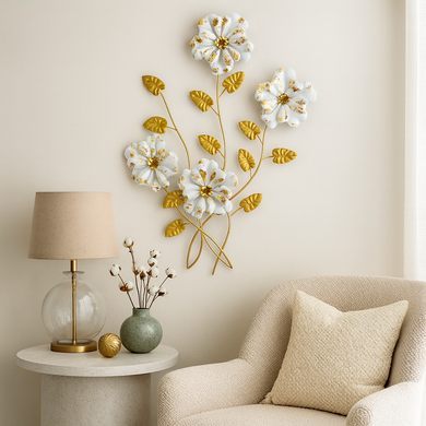 Gold and White Stainless Steel Wall Art – Luxury Modern Floral Metal Wall Decor for Living Room, Bedroom, or Hallway