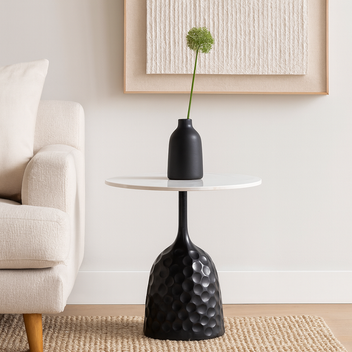 Side Table White and Black Table with White Marble Top Luxury Looking End Table Round Table for Living Room Kitchen Dining Table with Metal Frame Base