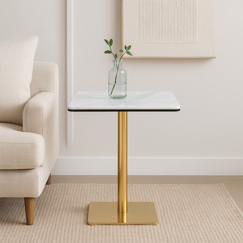 Side Table White and Gold Table with White Marble Top Luxury Looking End Table Square Large Table for Living Room Kitchen Dining Table with Metal Frame Base