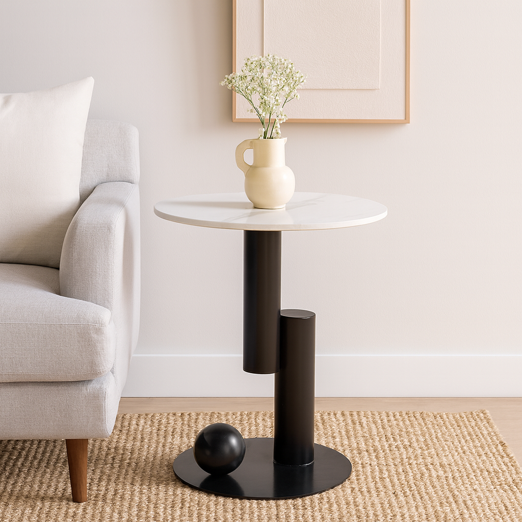 Side Table White and Black Table with White Marble Top Luxury Looking End Table Round Table for Living Room Kitchen Table with Metal Frame Base