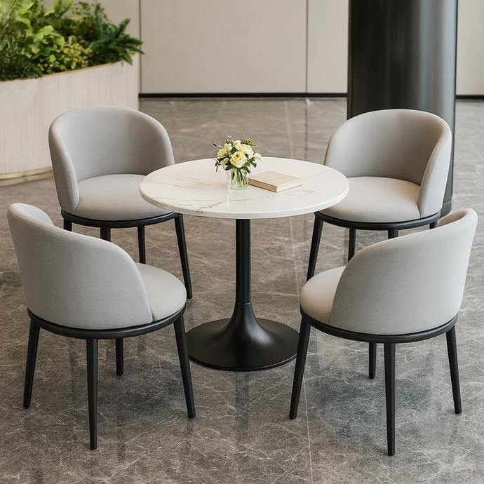Set of FIVE Modern Grey Leather Dining Chair Set with Round Marble Table – 80x80cm Stainless Steel Base, Elegant Home & Café Furniture