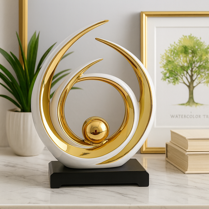 White and Gold Abstract Sculpture – Modern Luxury Home Decor Accent, Elegant Tabletop Centrepiece for Living Room & Office