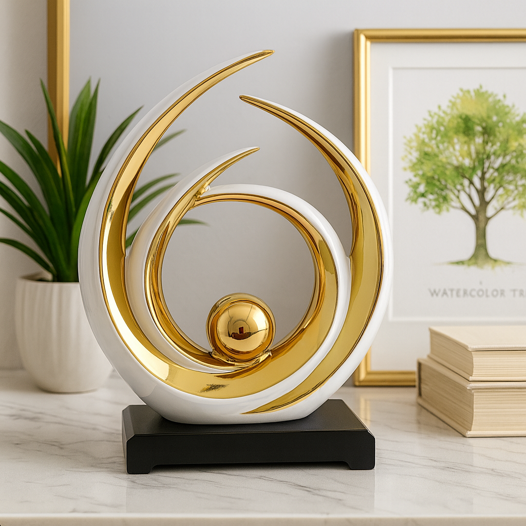 White and Gold Abstract Sculpture – Modern Luxury Home Decor Accent, Elegant Tabletop Centrepiece for Living Room & Office