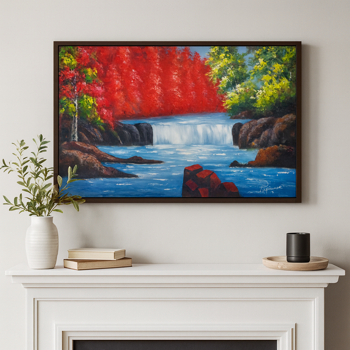 Original Hand-Painted Oil Painting 60x30 Inches – Waterfall Landscape Wall Art with Brown Frame, Autumn Forest Decor