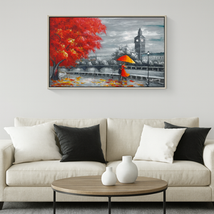 Original Hand-Painted Oil Painting 60x30 Inches – Romantic Canvas, London Clock Tower Canvas |  Landscape Wall Art with Silver Chrome Frame, Couple with Umbrella Wall Art