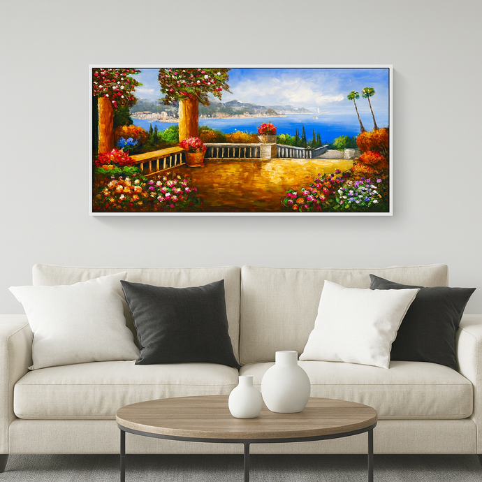 Original Hand-Painted Oil Painting 60x30 Inches – Venice Landscape Wall Art with White Frame, Mediterranean Terrace Oil Painting | Colourful Flowers, Ocean View & Coastal Landscape Wall Decor