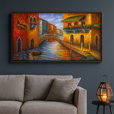 Original Hand-Painted Oil Painting 60x30 Inches – Venice Landscape Wall Art with Brown Frame, Mediterranean Bridge Oil Painting | Colourful Flowers, Lake View & Coastal Landscape Wall Decor
