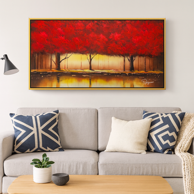 Original Hand-Painted Oil Painting 60x30 Inches – Red Trees Landscape Wall Art with Golden Frame, Autumn Forest Decor