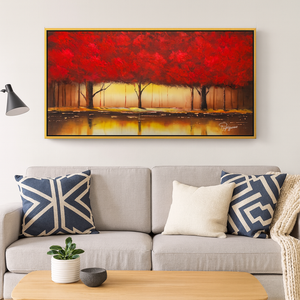 Original Hand-Painted Oil Painting 60x30 Inches – Red Trees Landscape Wall Art with Golden Frame, Autumn Forest Decor