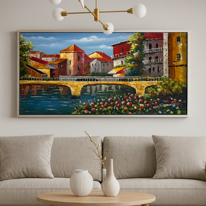 Original Hand-Painted Oil Painting 60x30 Inches – Venice Landscape Wall Art with Silver Frame, Mediterranean Bridge Oil Painting | Colourful Flowers, Lake View & Coastal Landscape Wall Decor