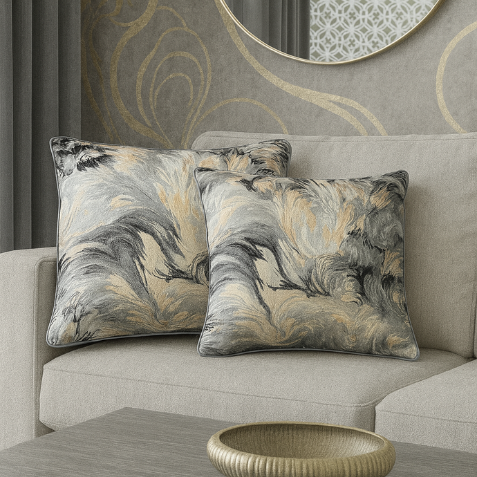Set of 2 Decorative Cushions with Fillers – Grey with Shades of Black and Beige Silk Throw Pillow Covers with Zipper for Sofa, Bed & Living Room Decor