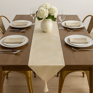 Table Runner in Beige | 12.5" x 84" plus Tassels – Modern Leaf Design, Elegant Double Layer Dining Table Decor for 4–6 Seater, Coffee Table, Wedding & Holiday Decoration