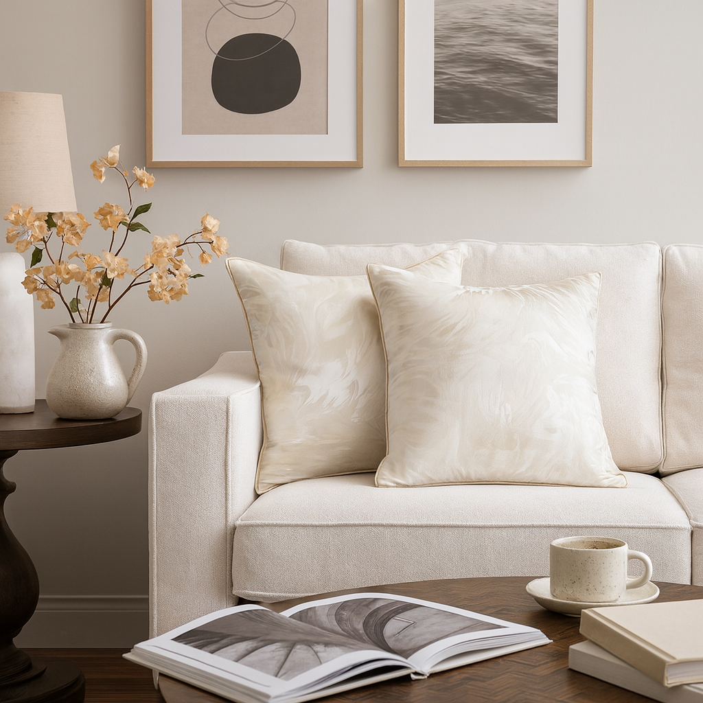 Set of 2 Decorative Cushions with Fillers – Off-white Shades Silk Throw Pillow Covers with Zipper for Sofa, Bed & Living Room Decor