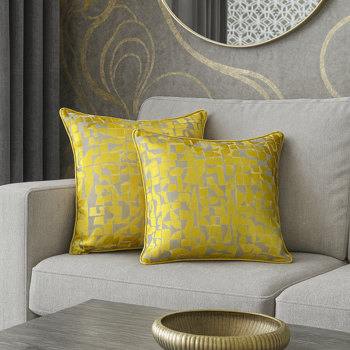 Set of 2 Decorative Cushions with Fillers – Yellow with Grey Shades Silk Throw Pillow Covers with Zipper for Sofa, Bed & Living Room Decor
