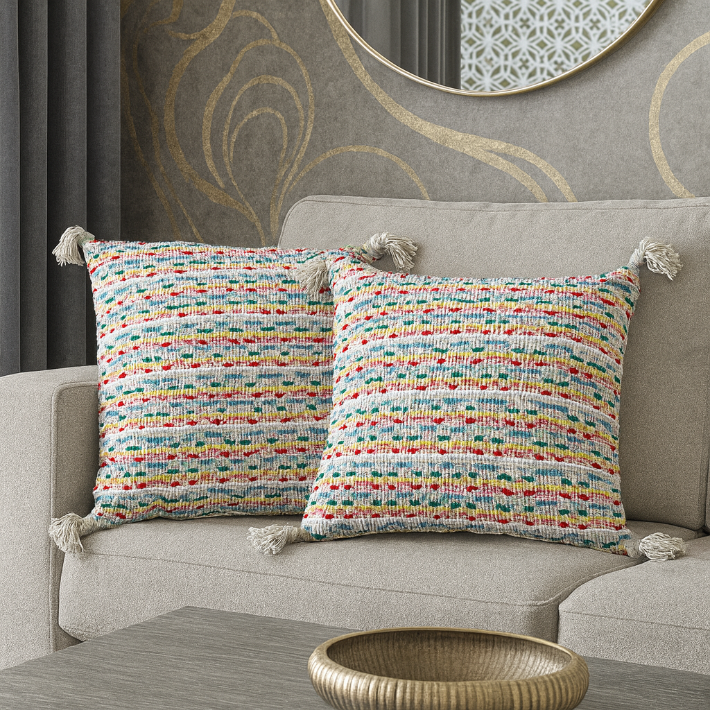 Set of 2 Decorative Cushions with Fillers – Colourful Woven Throw Pillow Covers with Zipper for Sofa, Bed & Living Room Decor