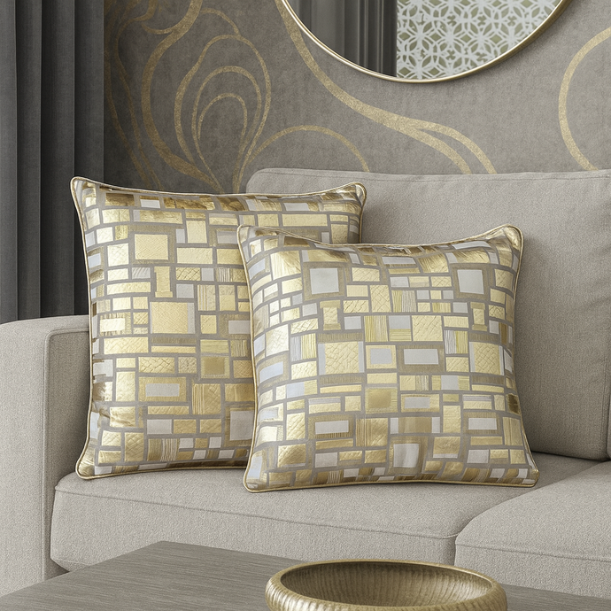 Set of 2 Decorative Cushions with Fillers – Gold with Grey Shades Silk Throw Pillow Covers with Zipper for Sofa, Bed & Living Room Decor