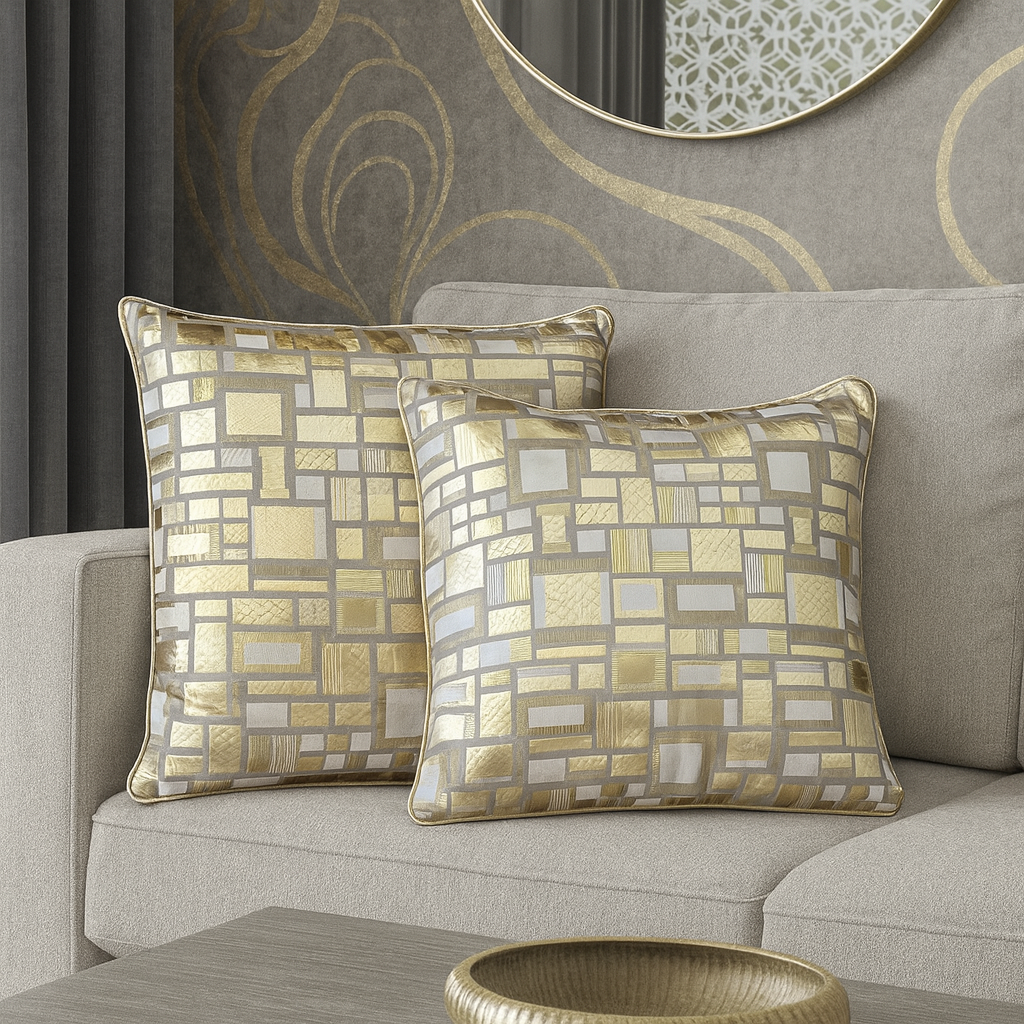 Set of 2 Decorative Cushions with Fillers – Gold with Grey Shades Silk Throw Pillow Covers with Zipper for Sofa, Bed & Living Room Decor