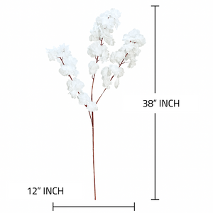 38" INCH Long Cherry Blossom Artificial Flower Stem – WHITE Cherry Blossom Bunch – 3 Long Silk Stems with Extension, Bendable Branches for Floor Vase, Ginger Jars, Home Decor, Wedding Decor