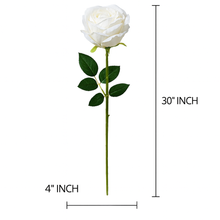 White Velvet Artificial Rose Stem – 30” INCH Long Single Flower with Realistic Petals & Green Leaves for Home Decor, Vases, Weddings, Events