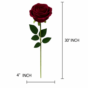 DARK RED Velvet Artificial Rose Stem – 30” INCH Long Single Flower with Realistic Petals & Green Leaves for Home Decor, Vases, Weddings, Events