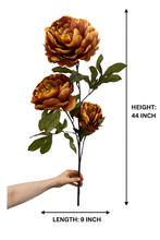 44" INCH Large Peonies Artificial Flower Stem – Realistic BURNT ORANGE 3 Large Peony Heads in One Flower Stem | Decorative Long Faux Flower Stem for Vases, Bouquets, Wedding Centrepieces, and DIY Home Decor