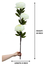 44" INCH Large Peonies Artificial Flower Stem – Realistic WHITE 3 Large Peony Heads in One Flower Stem | Decorative Long Faux Flower Stem for Vases, Bouquets, Wedding Centrepieces, and DIY Home Decor