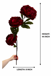44" INCH Large Peonies Artificial Flower Stem – Realistic DEEP RED 3 Large Peony Heads in One Flower Stem | Decorative Long Faux Flower Stem for Vases, Bouquets, Wedding Centrepieces, and DIY Home Decor
