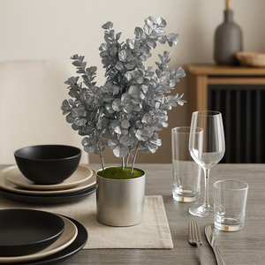 Plant Pot – 24” Tall Artificial Silver Tree Pot | Decorative Faux Plant with 10” Wide Lush Leaves – Modern Indoor Tabletop Centrepiece in a Silver Pot – Home, Office, Living Room, Dining, Patio & Gift Decor