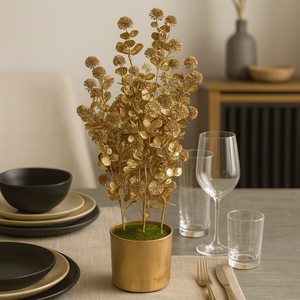 Plant Pot – 24” Tall Artificial Gold Tree Pot | Decorative Faux Plant with 12” Wide Lush Leaves – Modern Indoor Tabletop Centrepiece in a Golden Pot – Home, Office, Living Room, Dining, Patio & Gift Decor