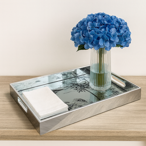 Rectangular Silver Tray – Acrylic & Glass Serving Tray, Grey Floral Design Storage & Display Tray for Home, Bathroom, or Living Room Decor (Available in 2 Sizes)