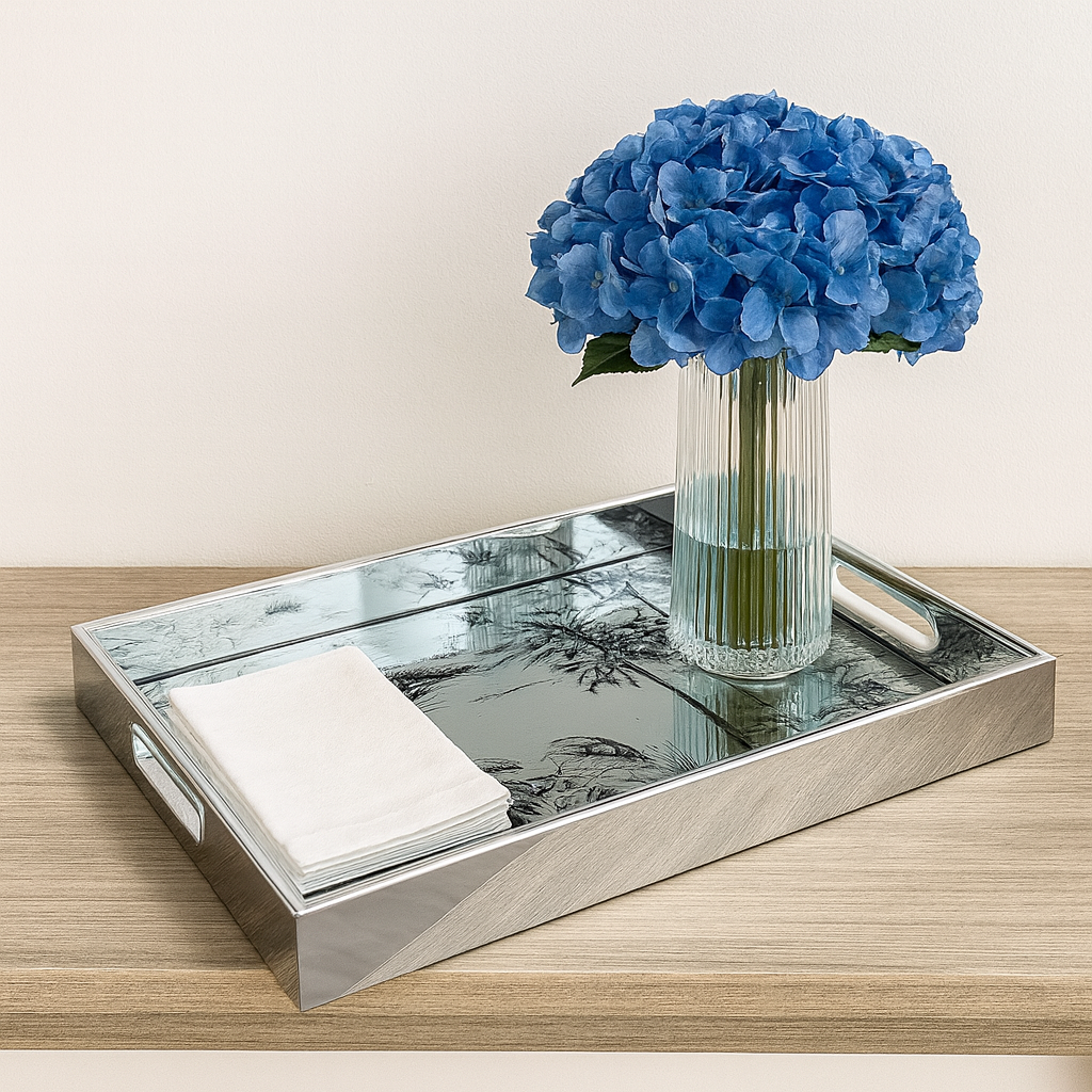 Rectangular Silver Tray – Acrylic & Glass Serving Tray, Grey Floral Design Storage & Display Tray for Home, Bathroom, or Living Room Decor (Available in 2 Sizes)