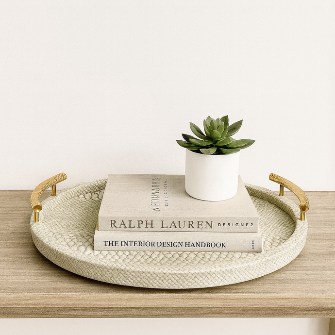 Round Grey Tray – Acrylic & PU Leather Serving Tray, Geometric Design Storage & Display Tray for Home, Bathroom, or Living Room Decor (Available in 2 Sizes)